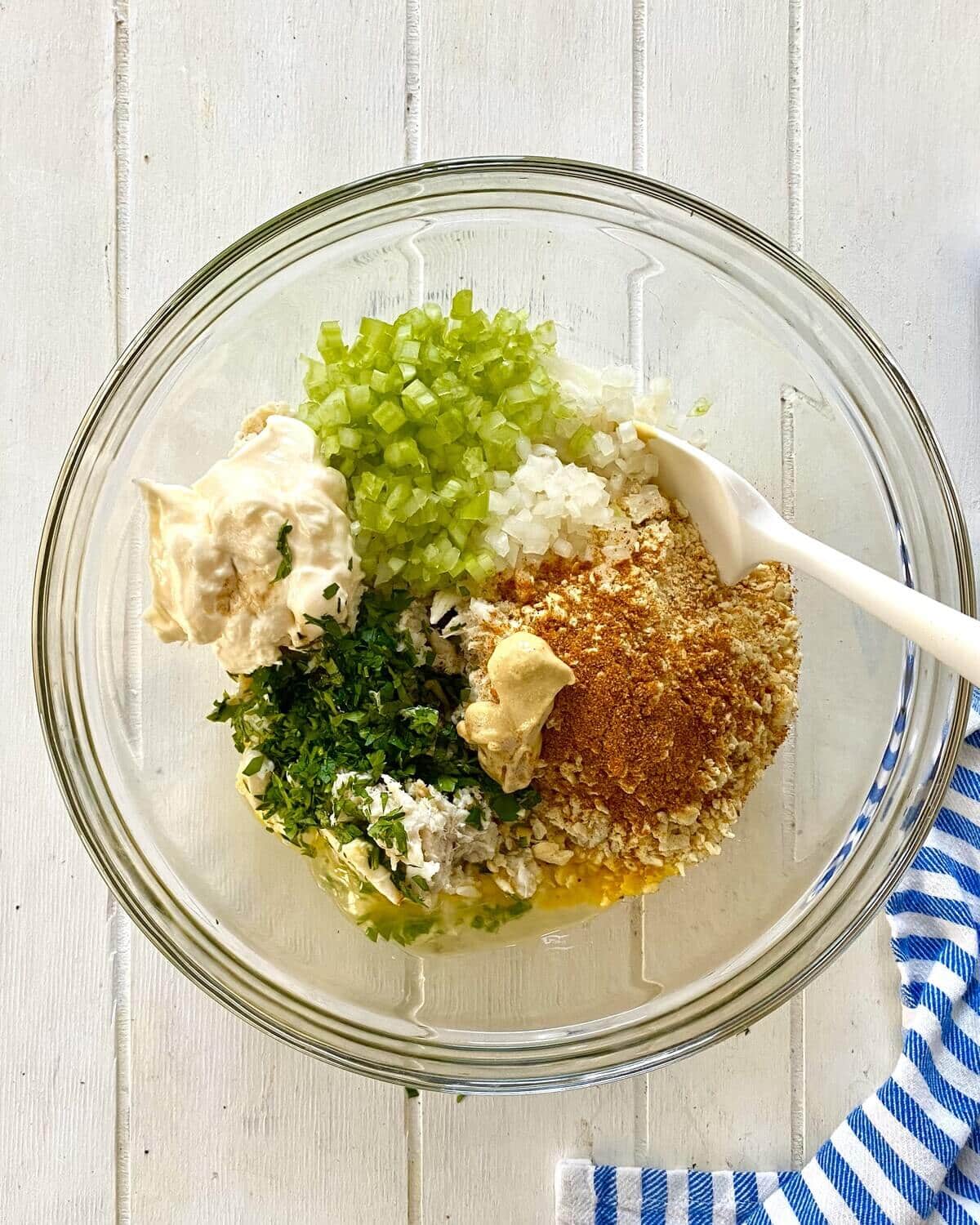 crab stuffing for mushrooms in a bowl.