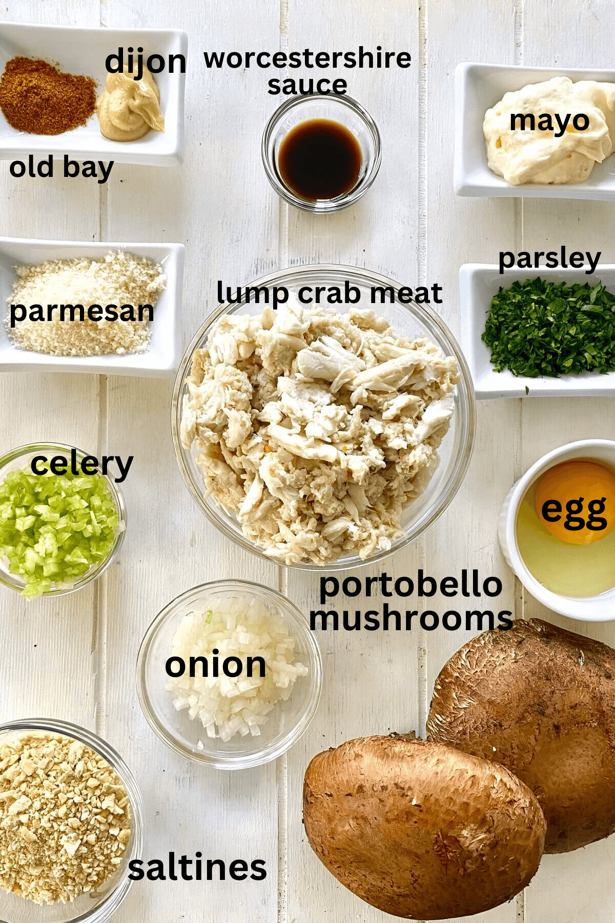 lump crab, parmesan, old bay, dijon, egg, portobello mushrooms, onion, celery, saltine crackers.