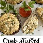 cut crab stuffed portobello mushroom.