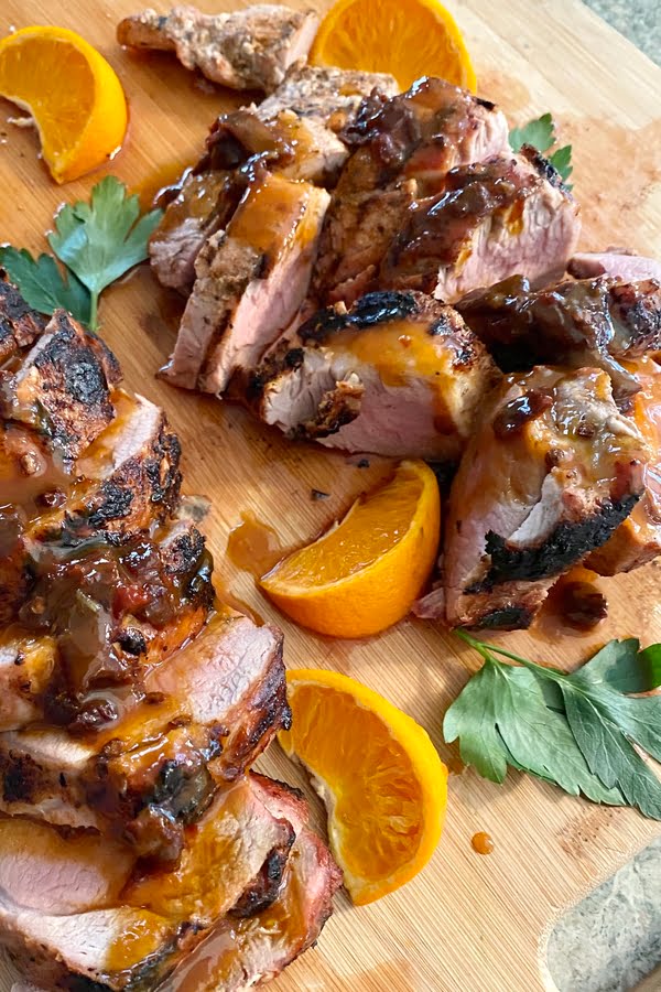 Tenderloin with a sweet and spicy chipotle, honey and orange drizzle and orange segments