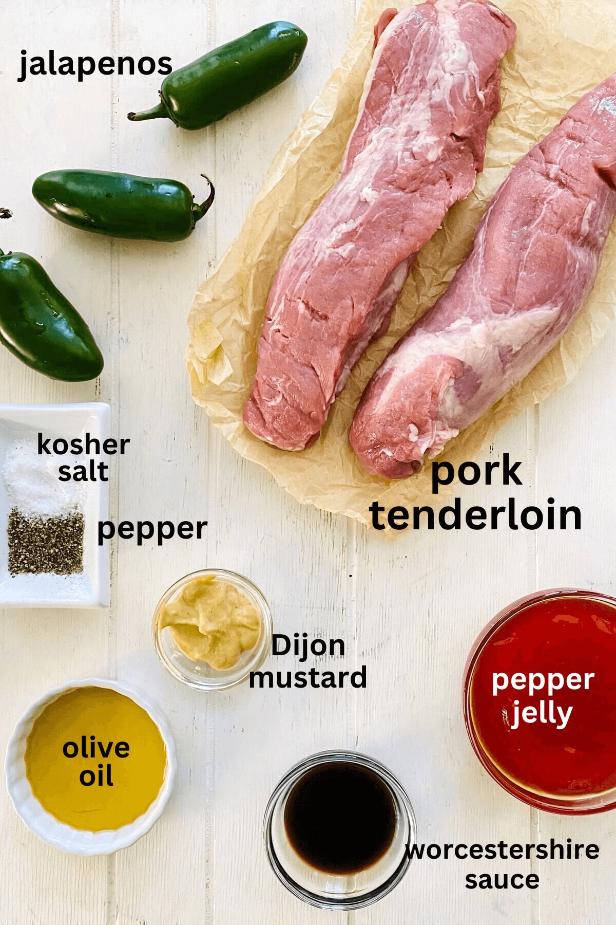 pork tenderloin, pepper jelly, mustard, Worcestershire sauce, salt, pepper, jalapenos.