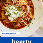 bowl with tomato based lasagna soup