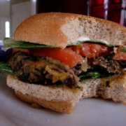 A sweet potato black bean burger on a bun.