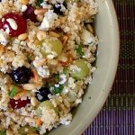 A cool, refreshing and nutritious fruit quinoa salad with grapes, blueberries, pine nuts and an apple cider vinaigrette will be a welcome addition to any menu. #quinoa #quinoasalad #fruitquinoa #healthyrecipe #blueberries #healthysidedishrecipe