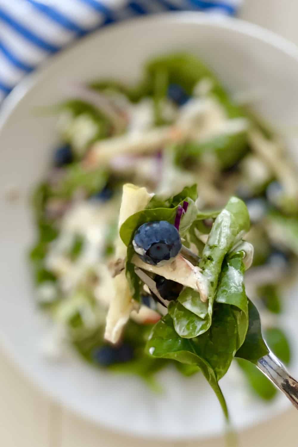 spinach blueberry salad on a fork