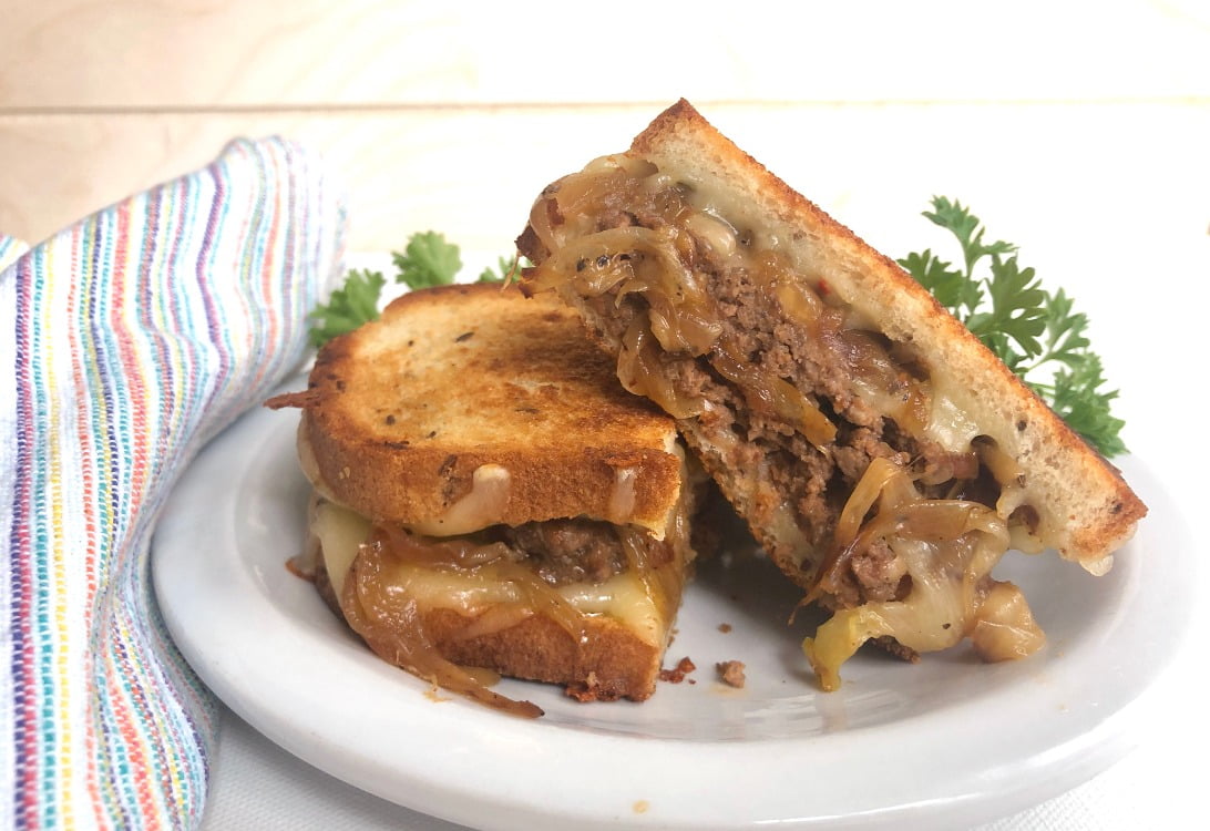 patty melt with caramelized onions and melting cheese