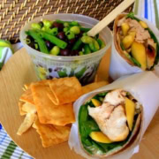 A chicken wrap cut in half.