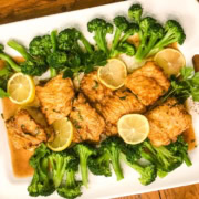 platter of cod francese and broccoli