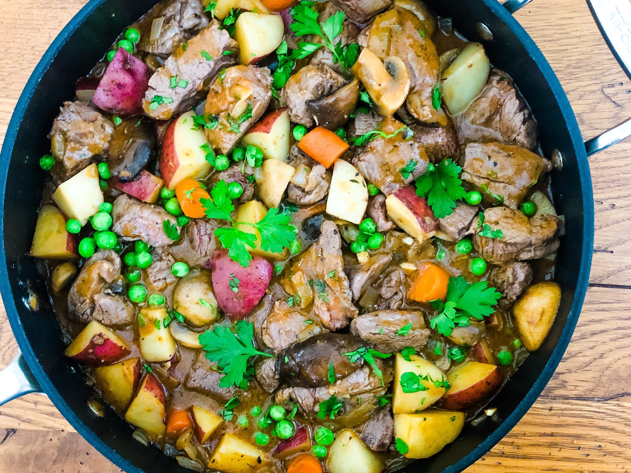 saute pan of beef tenderloin stew