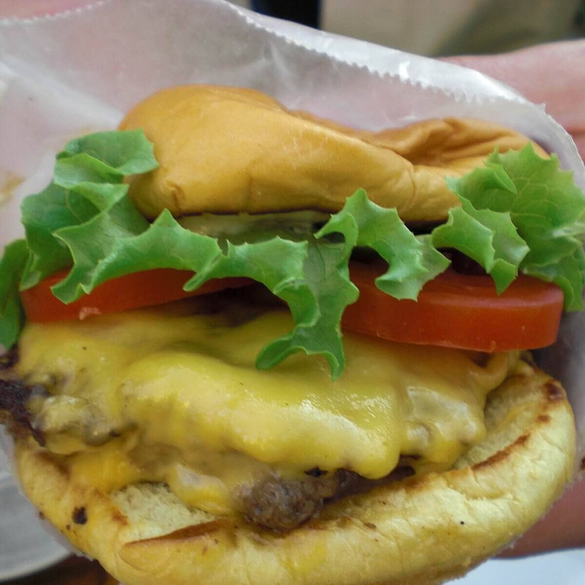 Burger with lettuce, tomato, and cheese.