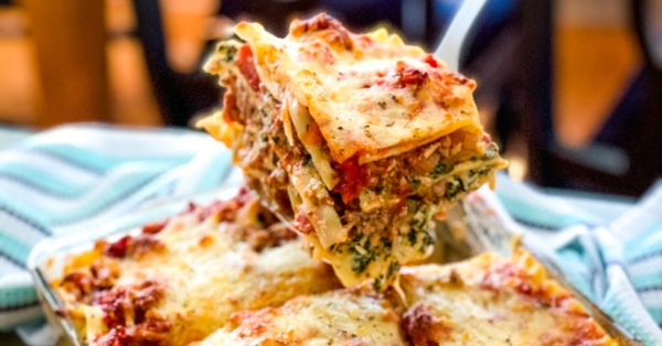 slice of spinach and sausage lasagna