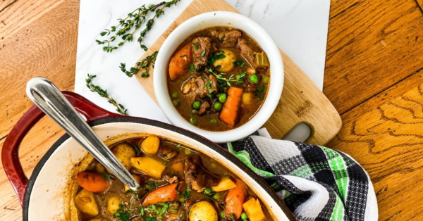 pot and bowl of Irish lamb stew