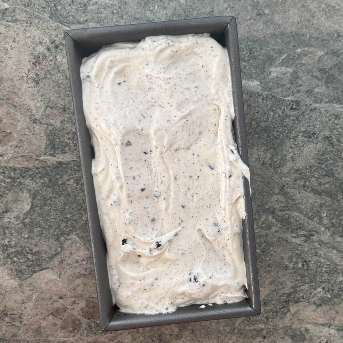 Ice cream in a chilled loaf pan.