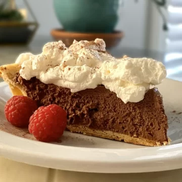 slice of French silk pie with homemade whipped cream.