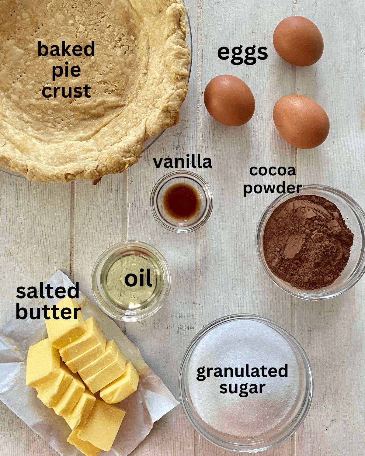 baked crust, cocoa, sugar, oil, eggs, butter, vanilla.