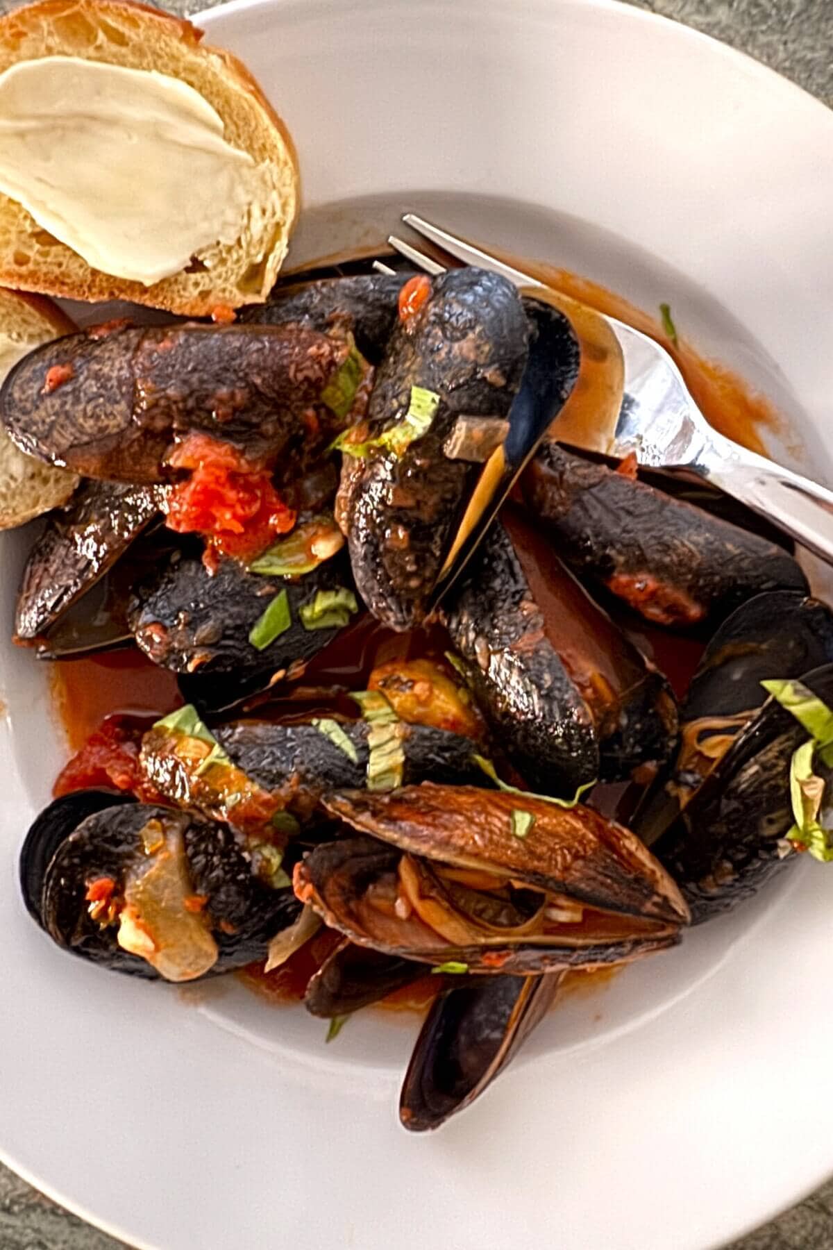 A bowl of mussels and red sauce with bread.