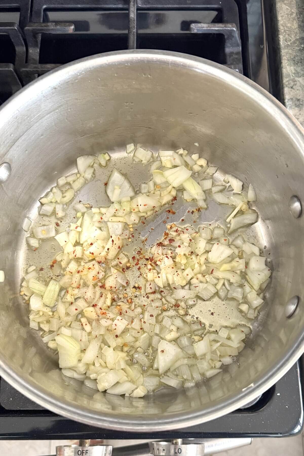 Sauteing onions and garlic in a stock pot.