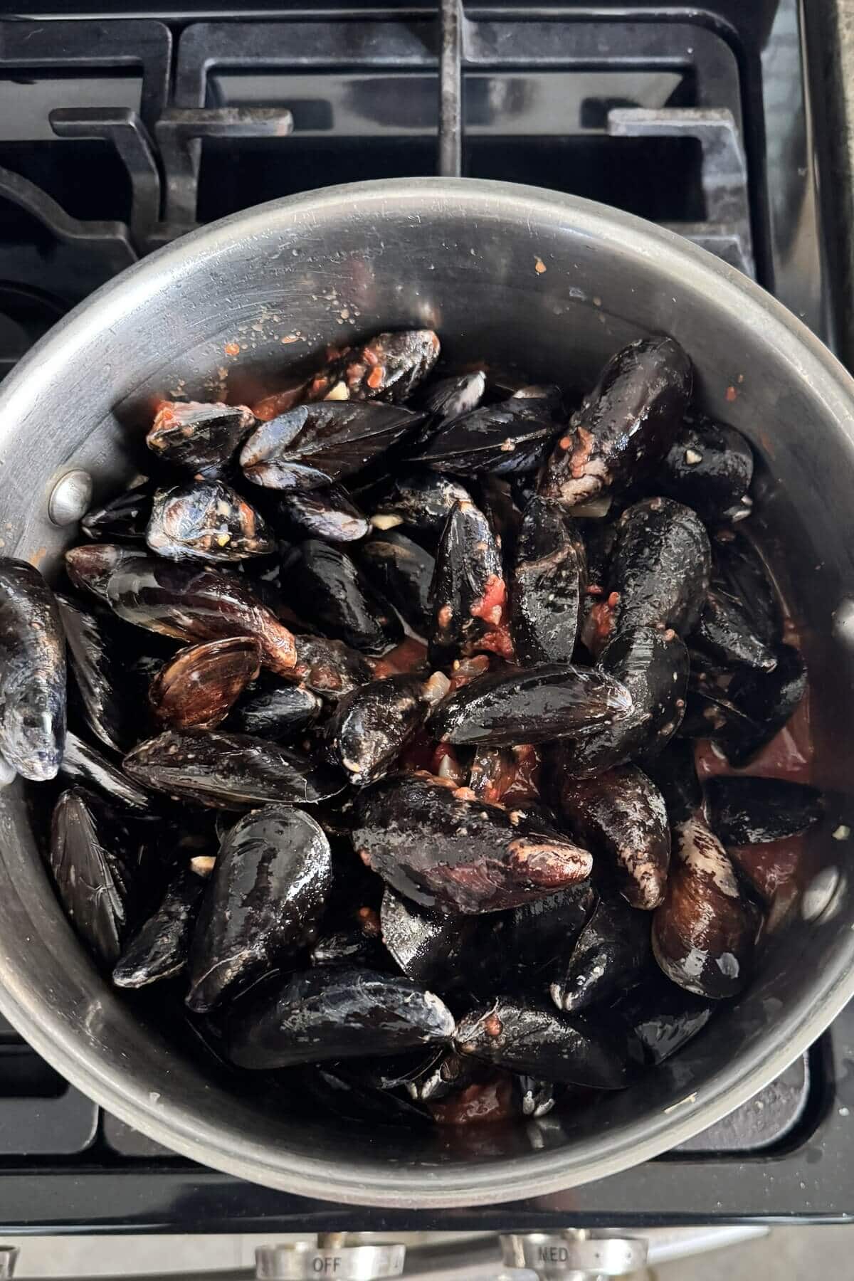 Mussels cooking in a stock pot.
