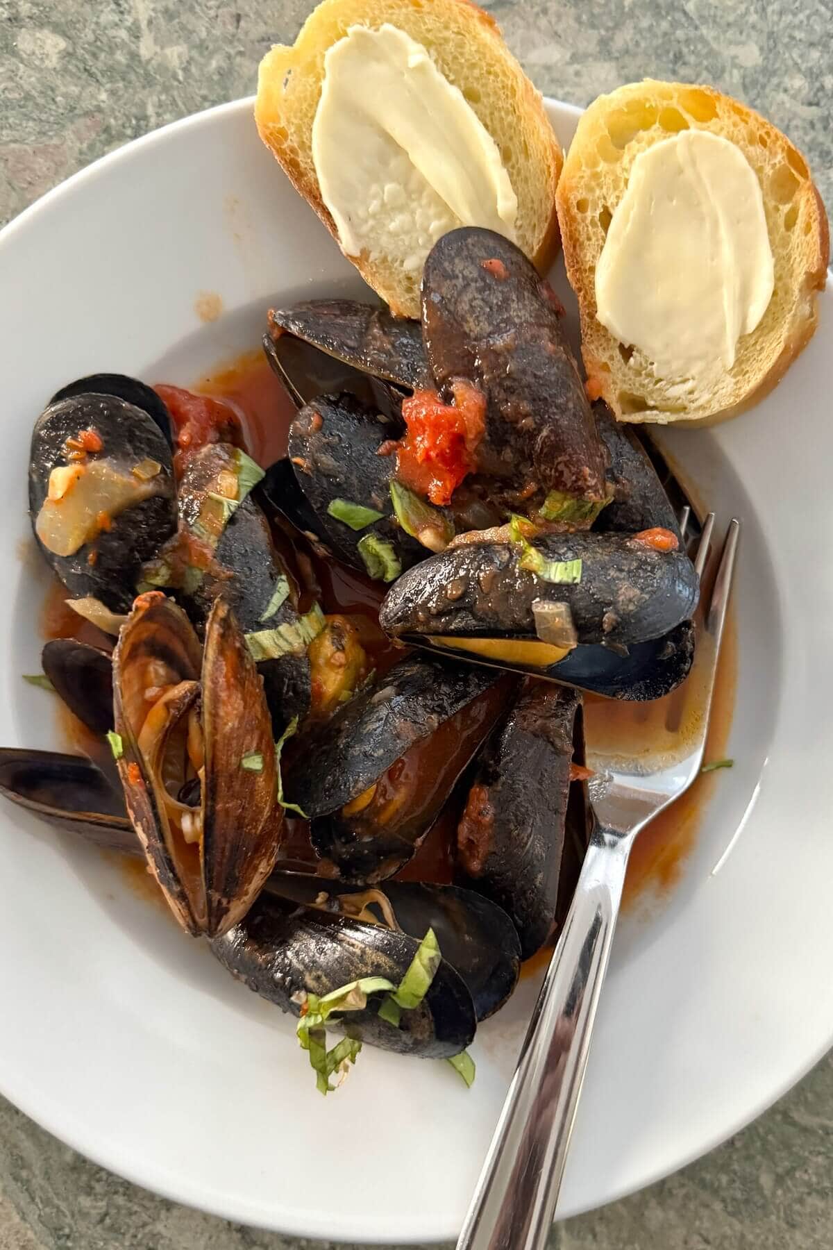 mussels in red sauce with bread.