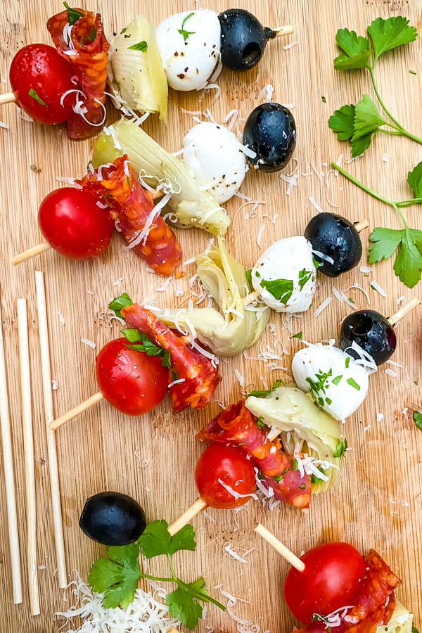 skewers with antipasto ingredients