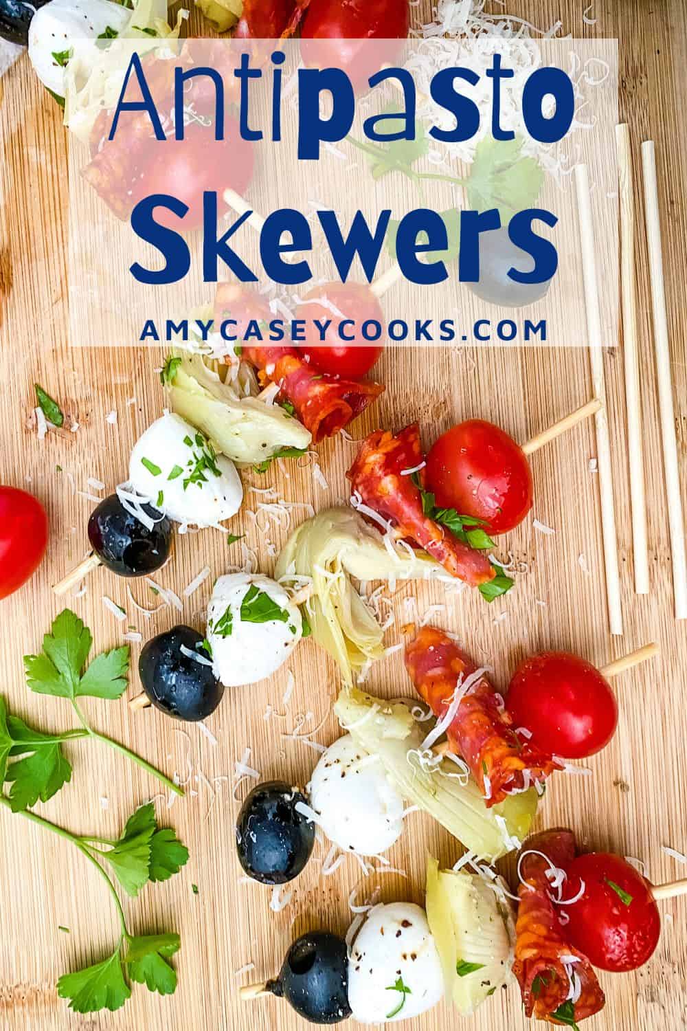 skewers with olives, fresh mozzarella, salami, and artichoke heart.