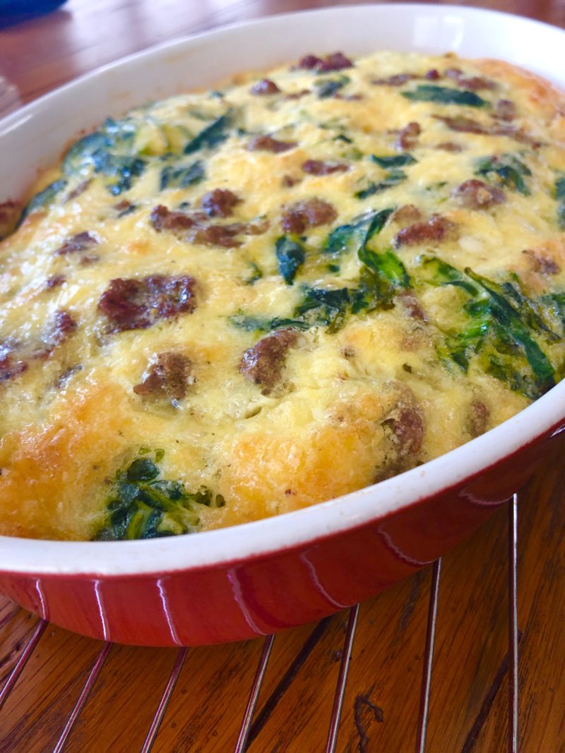 breakfast casserole with sausage, spinach and cheddar cheese