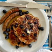 plate of blueberry bread pudding pancakes