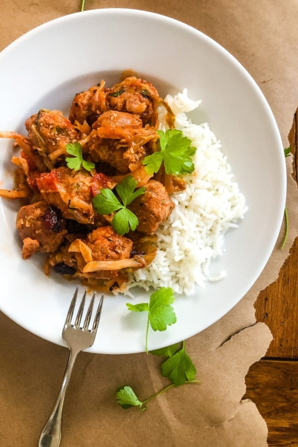 serving of cabbage roll meatballs with rice