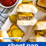 cheeseburger sliders with pickles.