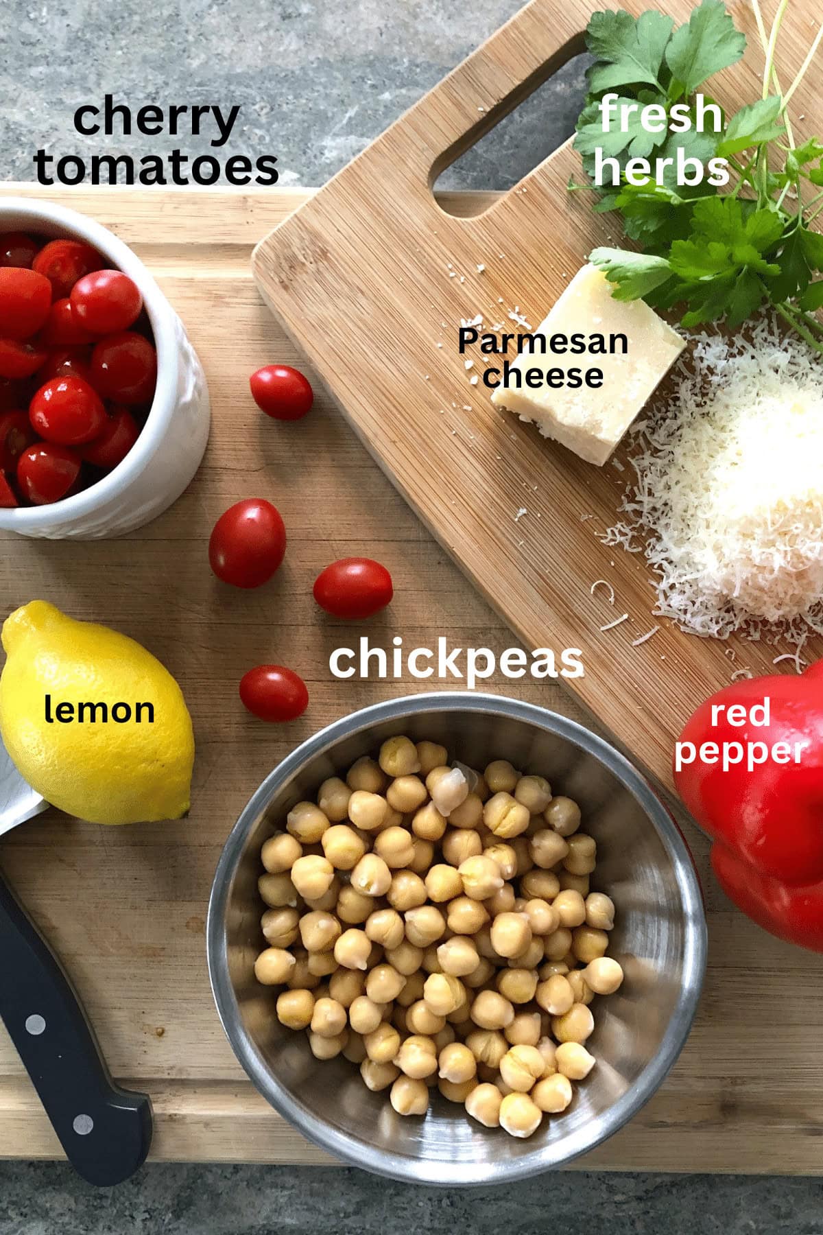 chickpeas, red pepper, lemon, cherry tomatoes, parmesan cheese