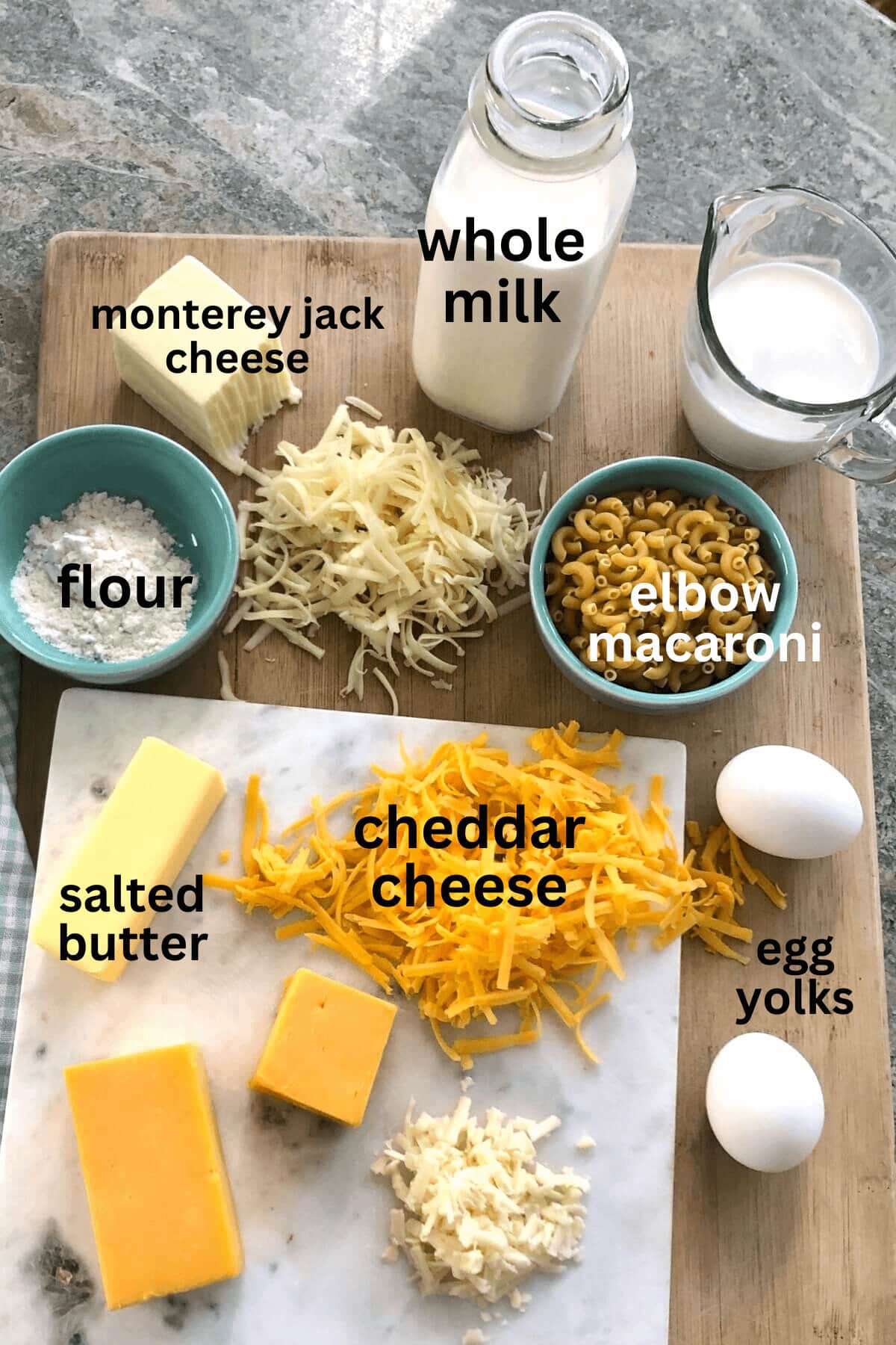 whole milk, salted butter, cheddar cheese, monterey jack cheese, flour, macaroni.