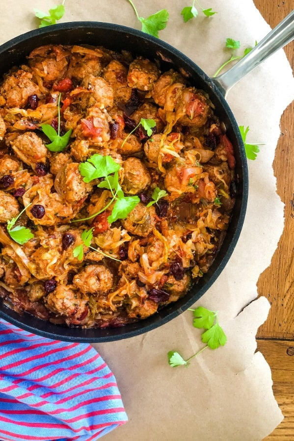 skillet with meatballs