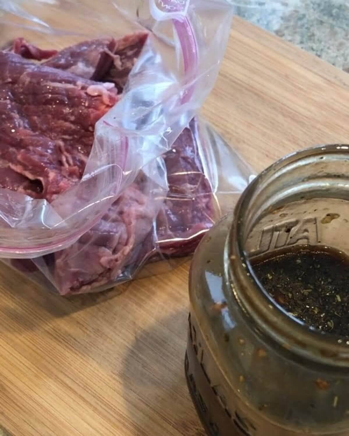 Skirt steak in a bag and balsamic marinade.