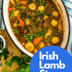 big pot of Irish stew made with lamb, Guinness beer, potatoes, carrots and peas.