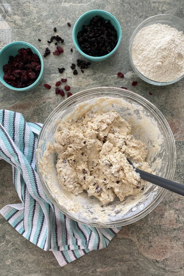 bread dough with dried cranberries, currants and buttermilk