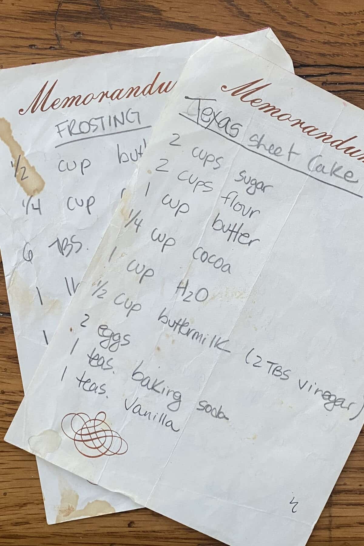 handwritten recipe for Texas sheet cake