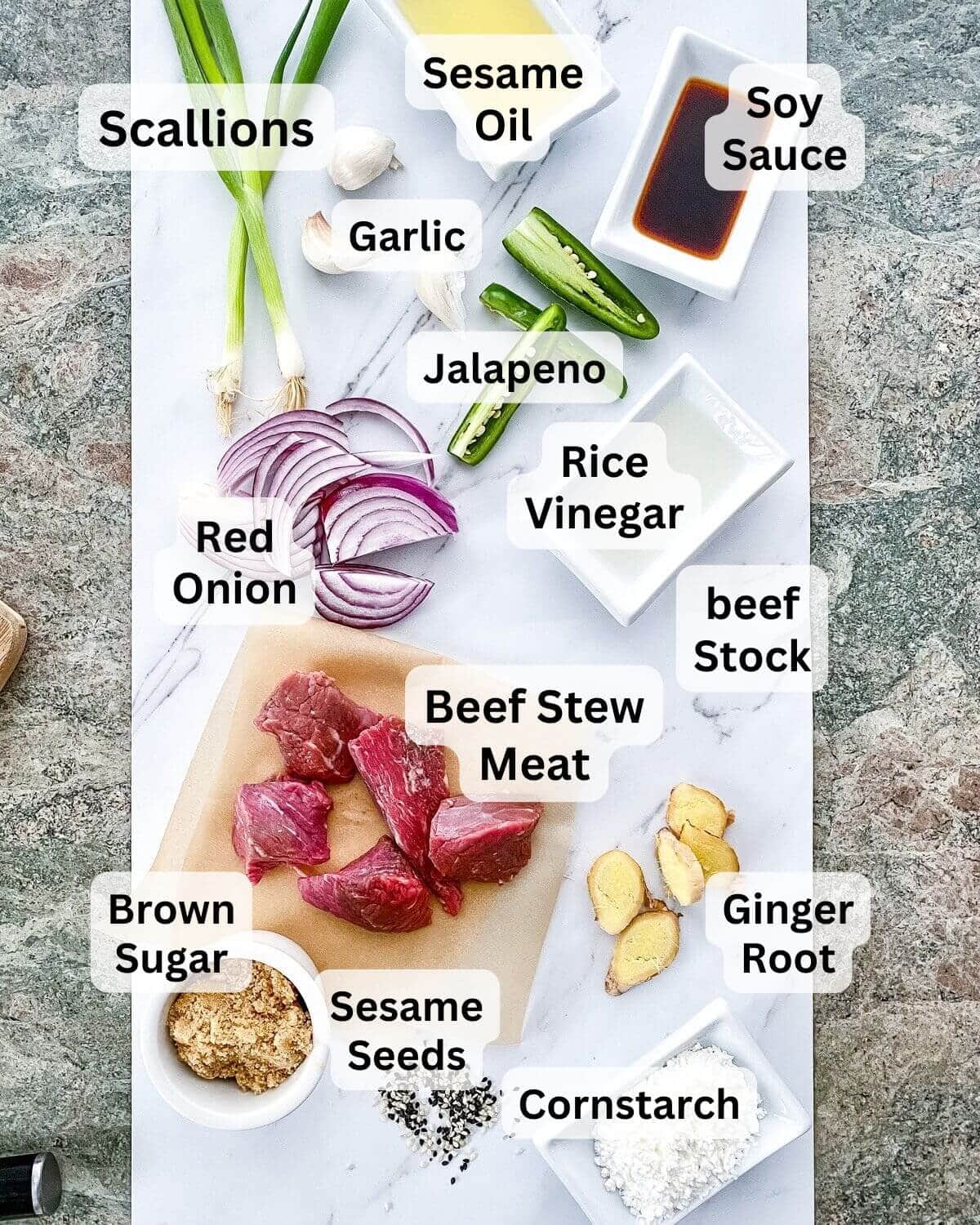 Beef stew meat, red onion, brown sugar, sesame oil, soy sauce, ginger root, scallions.
