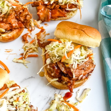 barbecue pork sliders with tangy cole slaw.