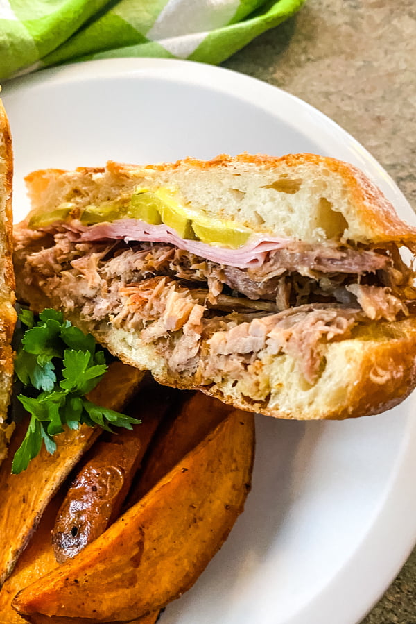 Cuban pork sandwich panini with sweet potato fries