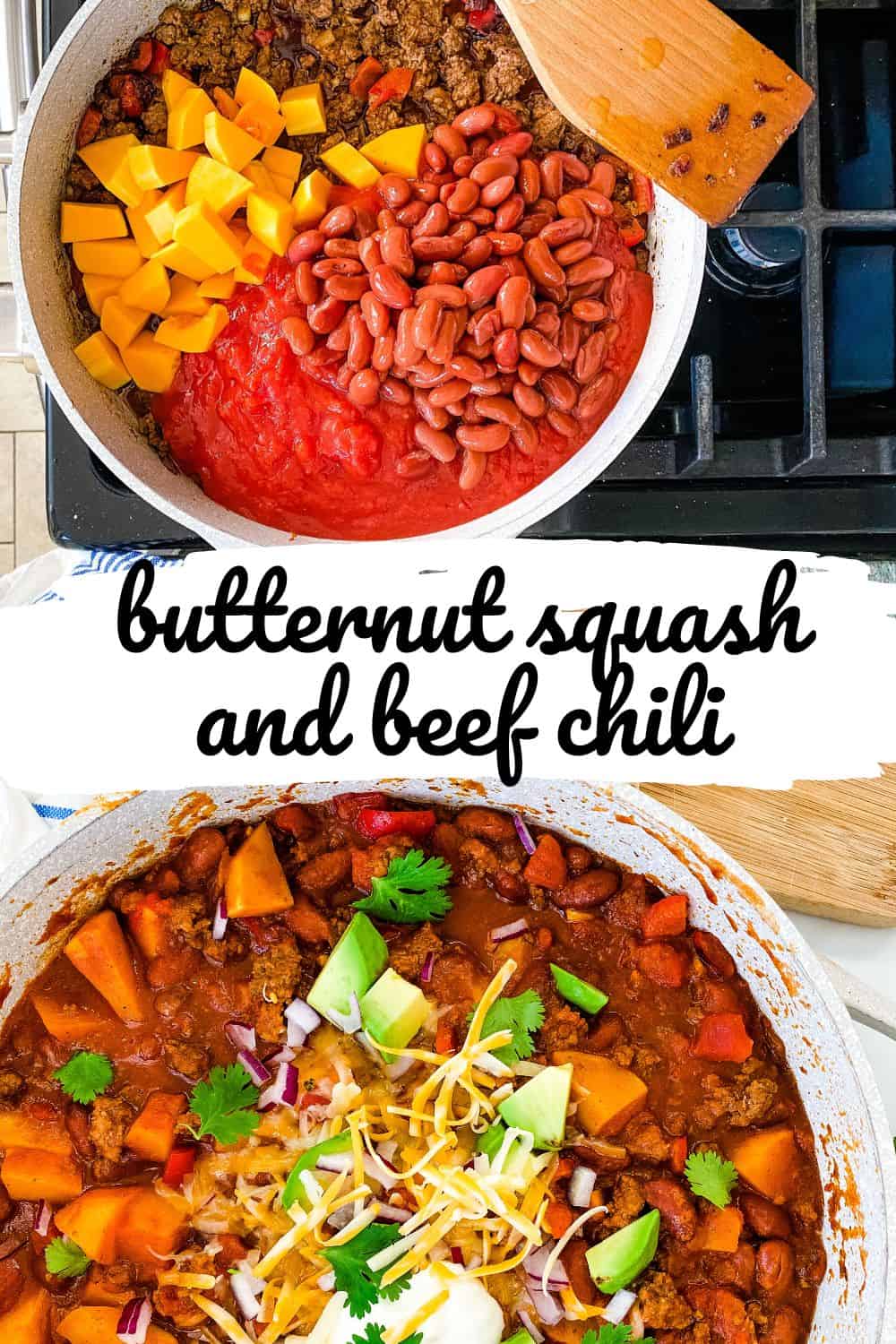 pot of healthy chili with beef and butternut squash recipe