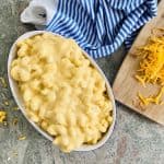 serving dish with super cheesy and easy mac and cheese.