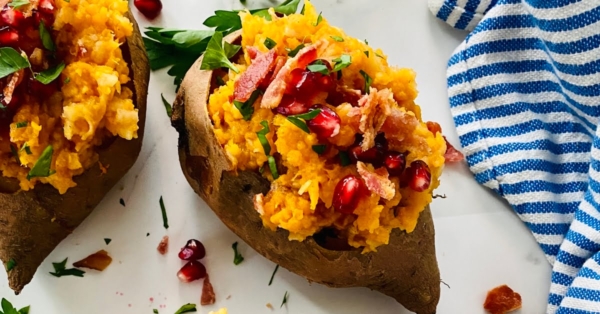 stuffed sweet potatoes with apples and bacon