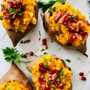 4 stuffed sweet potatoes with apples and bacon