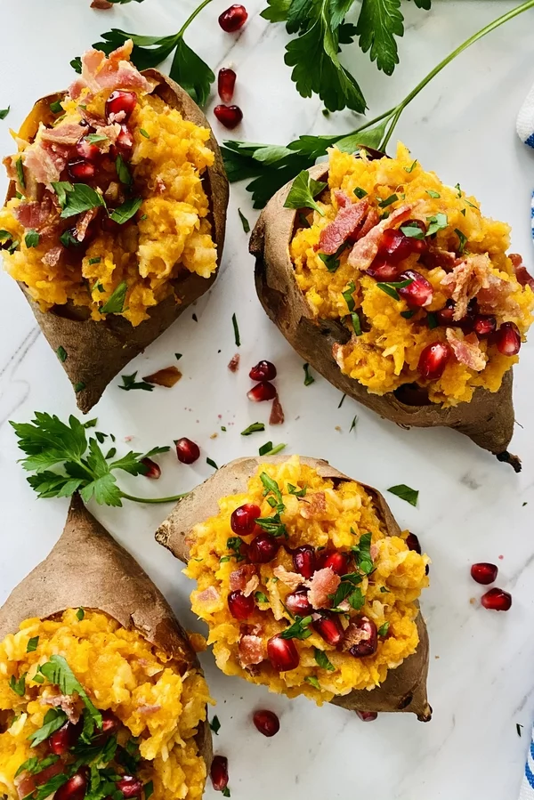 4 stuffed sweet potatoes with apples and bacon