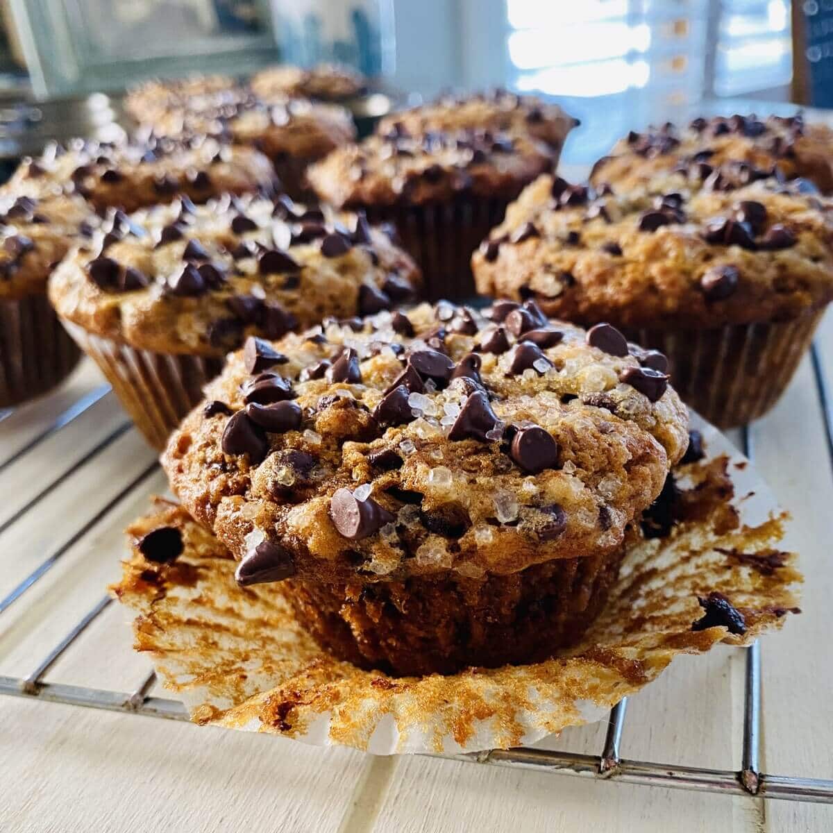 One dairy free banana muffin with wrapper removed.