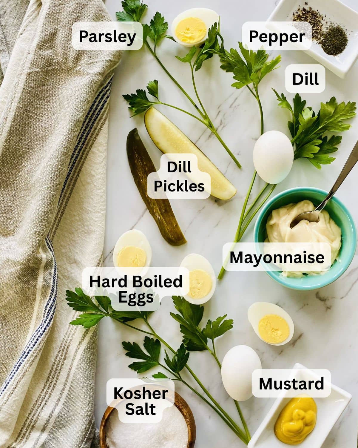 Hoard boiled eggs, mayo, mustard, parsley, salt, pepper, dried dill.