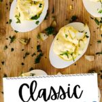 Deviled eggs stuffed with dill pickle filling.