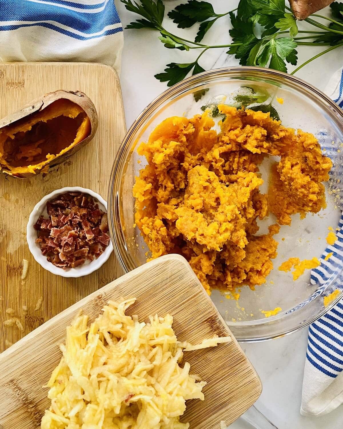 Shredded apple, crumbled bacon and mashed sweet potato.