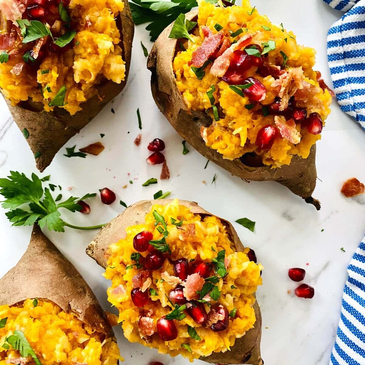 Apple and Bacon Stuffed Sweet Potatoes with Pomegranate