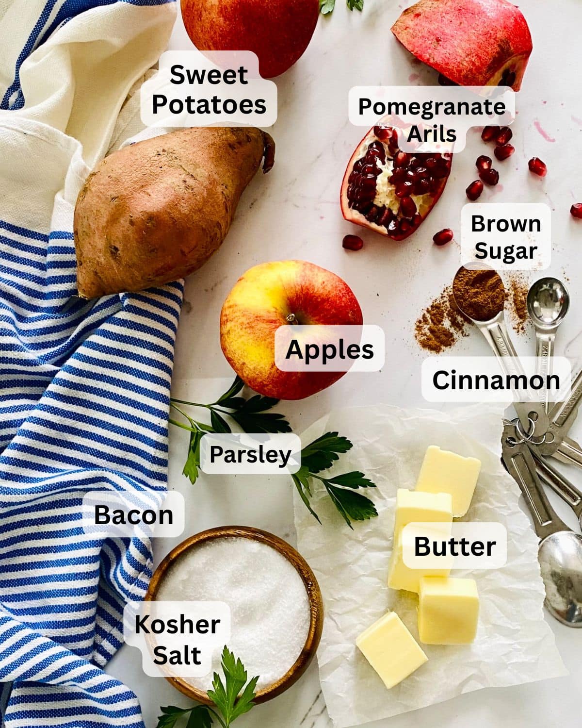 Sweet potatoes, apples, butter, parsley, pomegranate, brown sugar.